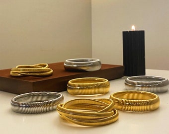 Tubogas, Triple Cobra, Vintage Gold-Plated, Stackable Bangle, Chunky Statement Bracelets - Bold Fashion Choices