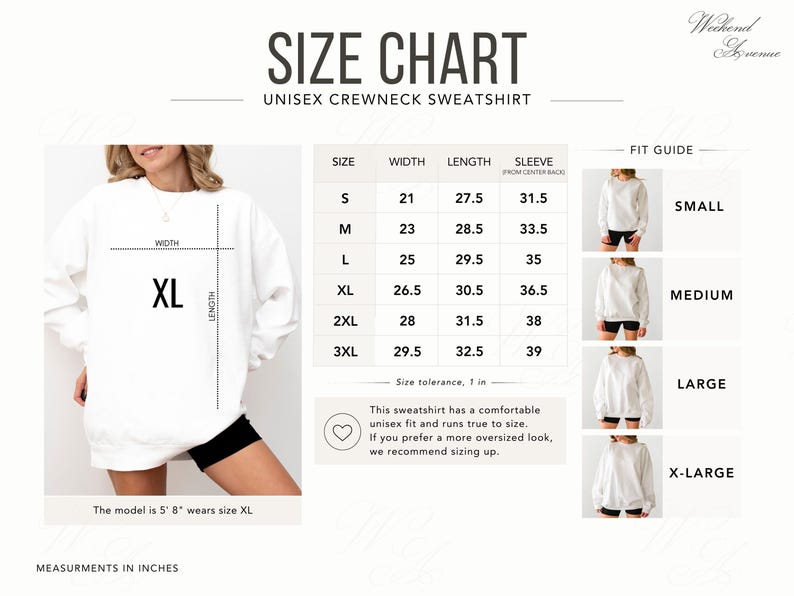 May include: A size chart for a unisex crewneck sweatshirt featuring a table with width, length, and sleeve measurements in inches. It includes a visual guide showing the fit of small, medium, large, and extra-large sizes on a model wearing an XL.