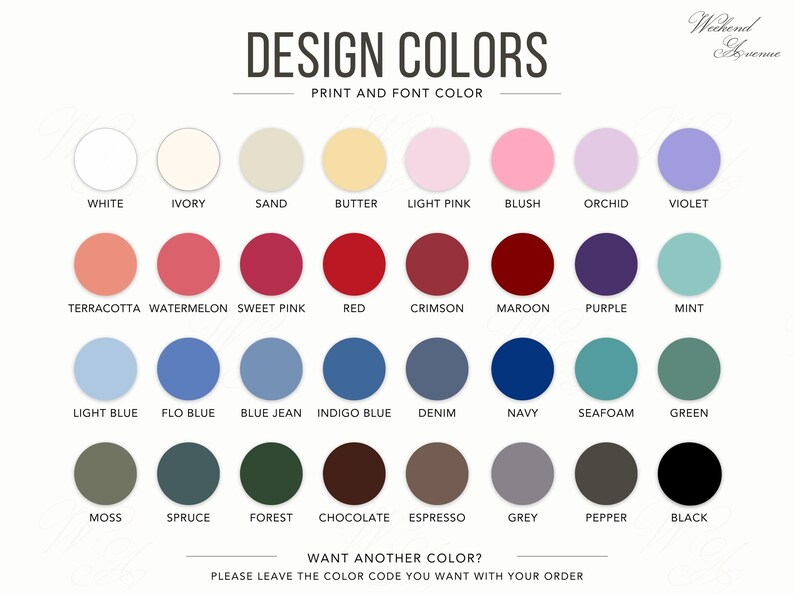 May include: A color chart titled DESIGN COLORS featuring thirty-two circular swatches arranged in four rows. Each circle displays a unique color with its corresponding name printed underneath, including white, ivory, sand, butter, pinks, reds, blues, and greens.