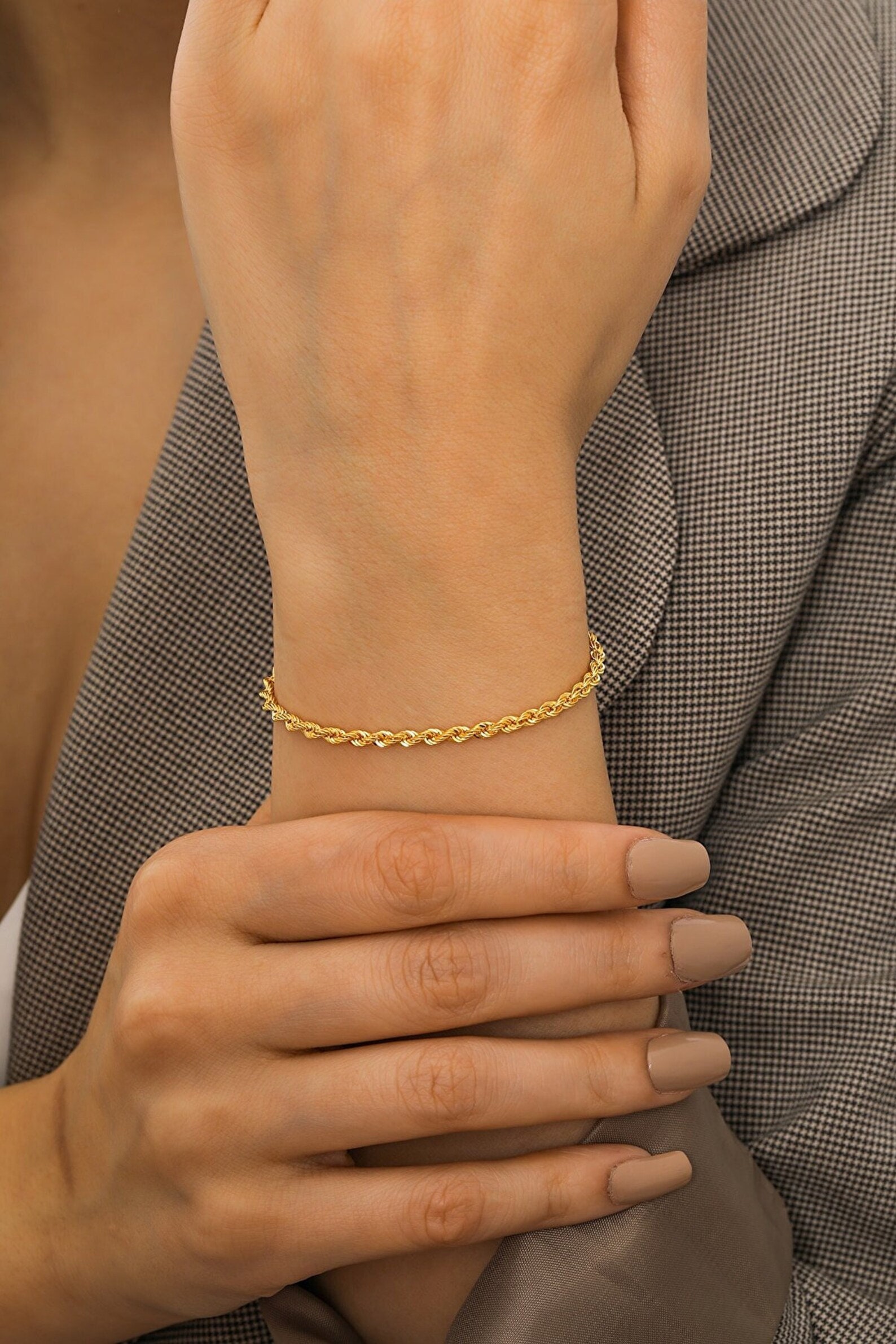 14k Gold Rope Chain Bracelet, Solid 14K Gold Rope Chain Bracelet