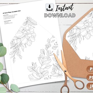 Peut inclure: Modèle d'enveloppe imprimable A7 Euro Flap avec un motif floral. Le modèle est conçu pour du papier A4 et comprend des instructions d'impression et de pliage. L'image montre une enveloppe brune avec le motif floral imprimé dessus.