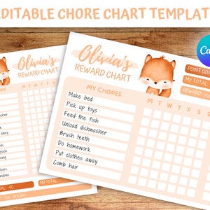 May include: Printable chore chart template featuring a cute fox illustration. The chart includes a list of chores, a space to track progress, and a point goal of 40. The reward for completing the chores is ice cream.