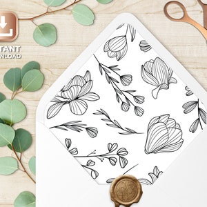 Envelope liner template, hand drawn flowers, printable envelope liner, instant download, wedding envelope liner, a7 envelope liner printable