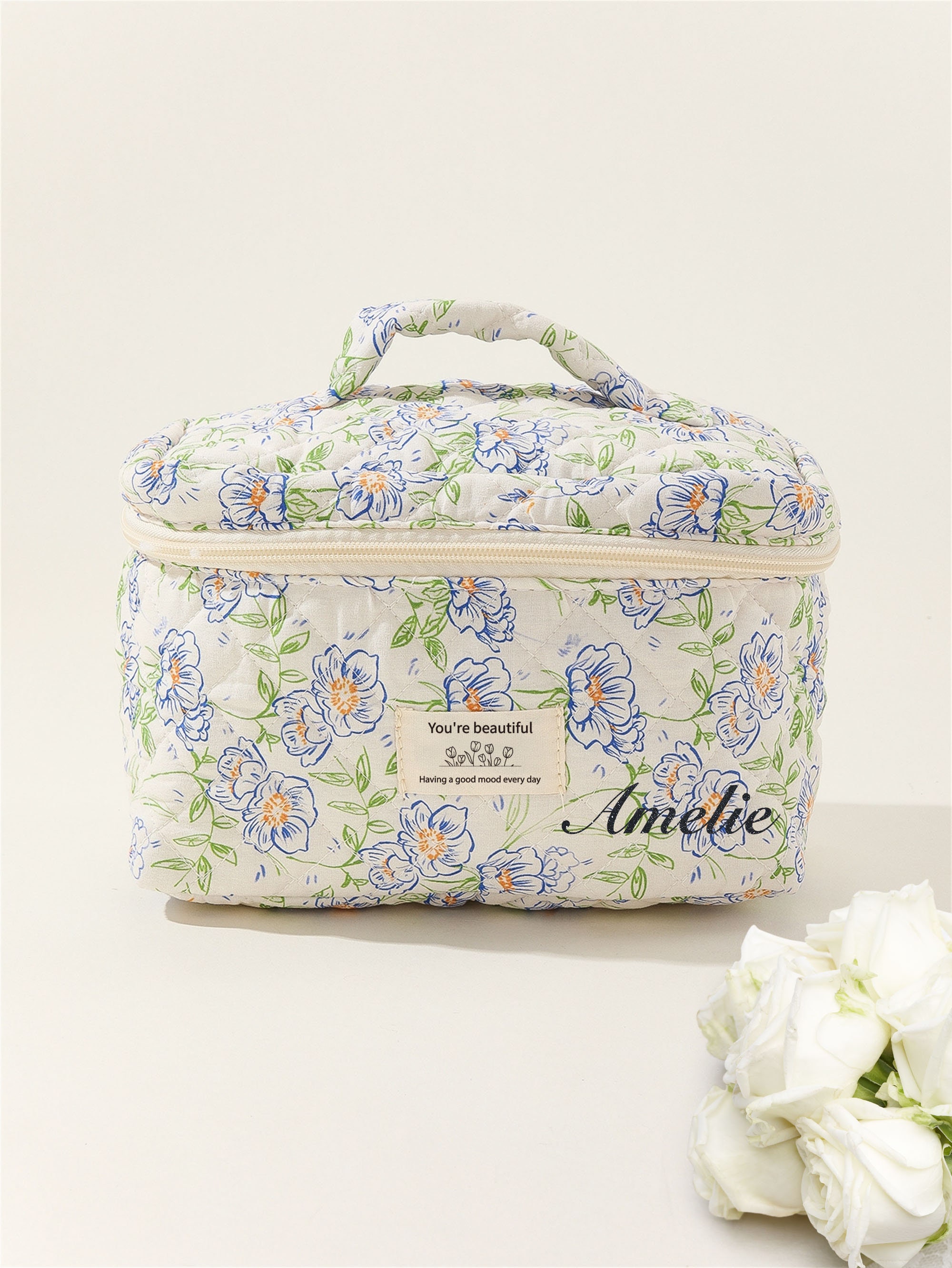 Initial Letter Print Makeup Bag, Portable Canvas Comestic Bag