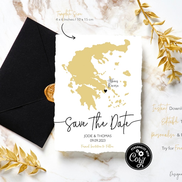 Wedding Save The Date, Greece Destination Wedding, Corjl Instant Download, Editable & Printable. eInvite Template also Included.