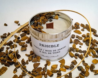 "PEACEFUL" intention candle infused with Tiger's Eye Stones with the scent of Vanilla and Sandalwood.