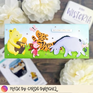 Tarjeta de bebé hecha a mano "Es un niño y es una niña", tarjeta para baby shower, Spellbinders, Winnie the Pooh, Eeyore, Tigger y Piglet, tarjeta interactiva Shaker