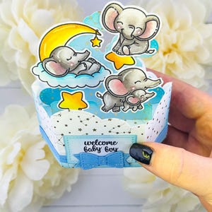 Handmade interactive platform pop up baby boy card in blue with elephants and clouds lawn fawn