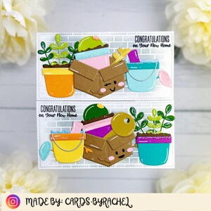 Cartão de felicitações feito à mão para casa nova com caixa de mudança com glitter, balde de limpeza de plantas, design Carlijn, mini cartão slimline, nova chave