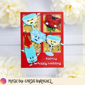 handgemachte interaktive Shaker-Hochzeitskarte mit Rosen, Champagner, Glitzer und Ring Hurra, alles Gute zur Hochzeit Carlijn Design Lawn Fawn