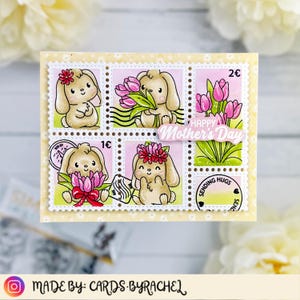 Tarjeta del Día de la Madre hecha a mano, estilo postal, collage de postales, conejitos, tulipanes, flor de gofre rosa y roja, sello de Simon Says, flores verdes.
