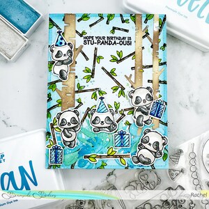 Handgefertigte Geburtstagskarte mit einer Panda-Party, Streamside Studios, mit tropischen Blättern aus Bambus, lustiges Gefühl, ich hoffe, dein Geburtstag ist großartig