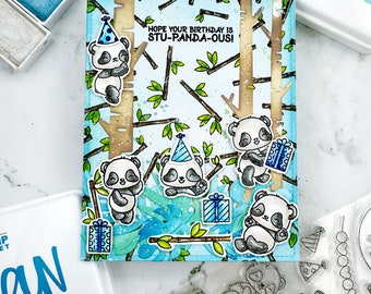 handmade birthday card with a panda party streamside studios with tropical leaves bamboo funny sentiment hope your birthday is stu-panda-ous