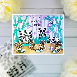 Cartão de aniversário feito à mão com panda e rato roxo turquesa com sentimento engraçado e fulvo