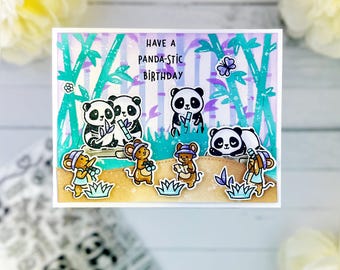 Handmade panda and mouse birthday card purple turquise funny sentiment lawn fawn