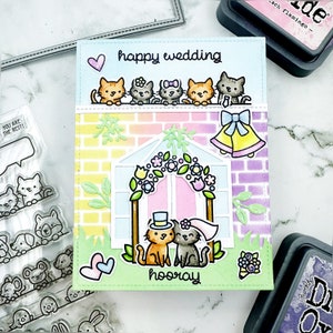 cartão de casamento feito à mão, feliz casamento, parabéns pelo seu casamento com gatos, gramado, fawn shaker, shaker interativo, cartão pop-up, catlover
