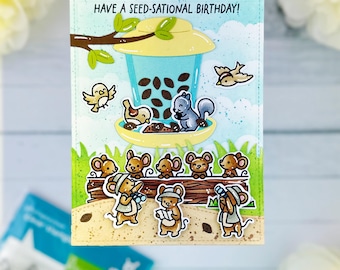 Handmade birthday card with mice squirrels and birds lawn fawn funny sentiment yellow aqua green