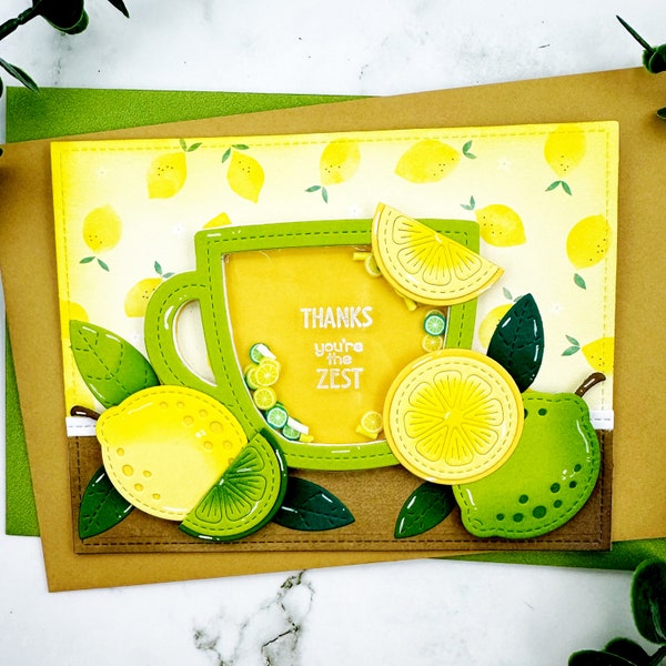 handmade thank you card with funny sentiment lemons oranges fruits fruit basket lawn fawn interactive shaker pop up card