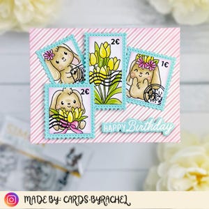 handgemachte Geburtstagskarte im Portocollage-Stil, süße Hasen und Tulpen, rosa, aqua, gelb, Waffelblume, Simon sagt Stempel