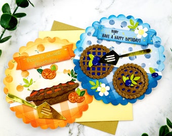 handmade round birthday cards with food, pie, blueberries pie, oranges, orange pie spellbinders lawn fawn interactive shaker pup up card