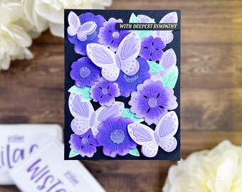 handmade sympathy card with purple flowers and butterflies black hot foil waffle flower crafts sorry for your loss interactive shaker card