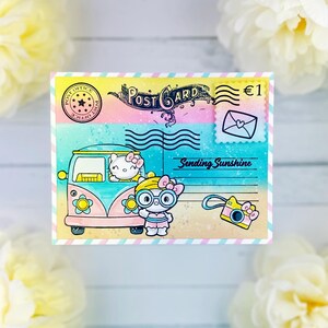 cartão de verão feito à mão usando gatinho dizendo olá cartão postal de praia do clube atrevido cores pastel flor de waffle