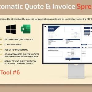 Op de afbeelding: Een computerscherm met een sjabloon voor een offerte- en factuurspreadsheet. Het sjabloon is ontworpen om het proces van het genereren van offertes en facturen te stroomlijnen door PDF-bestanden op uw computer op te slaan. Het sjabloon bevat functies zoals een volledig flexibele offerte/factuur, een klantendatabase, tot 100 regelonderdelen en de mogelijkheid om mappen met offertes/facturen en hun PDF-bestanden automatisch te genereren. Het sjabloon bevat ook de optie om offertes/facturen snel als bijlage per e-mail te verzenden. Het sjabloon is gemarkeerd met "Tool #6".