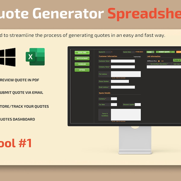 Quotation Excel Template with PDF/Email Generator, Database and Dashboard | Price Quote Excel Template |