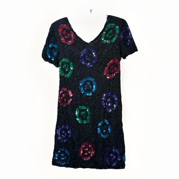 Vintage JMC Black 100% Silk Beaded Sequin Floral Cocktail Party Dress Size S