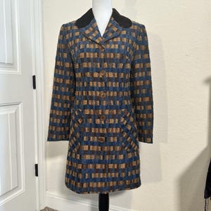 Vintage Franky Paris Coat Plaid Made in France Size 38 Women&#39;s Small Brown Blue
