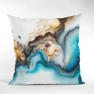 Pillow Blue Turquoise Teal Brown Gold Abstract Art Print Decorative Throw Pillow Gift Idea