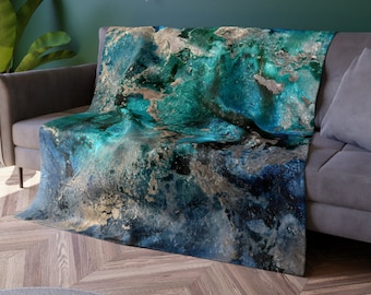 Original Art Teal Crushed Velvet Blanket | Abstract Teal Velvet Blanket | Ocean Blanket | Turquoise Velvet Throw Blanket | Art Ink Blanket