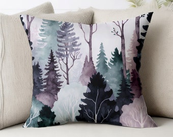 Woodland Pine Plum Forest Art Throw Pillow Teal Purple Cushion Cover Artwork Decorative Decor Faux Suede Nature Unique Gift Square Accent