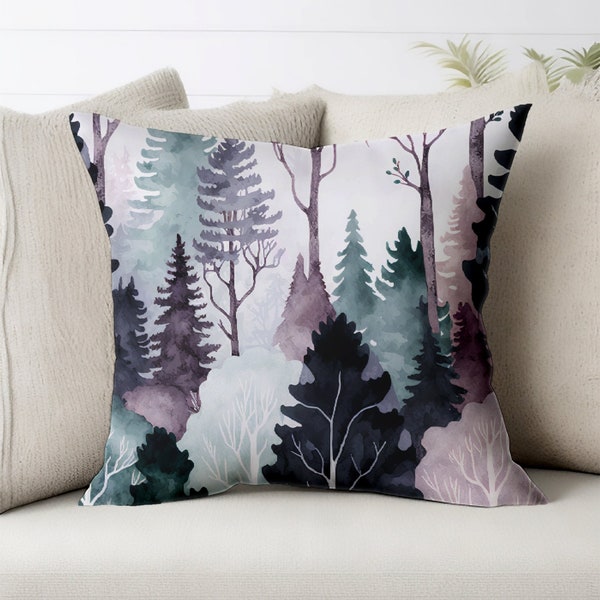 Woodland Pine Plum Forest Art Throw Pillow Teal Purple Cushion Cover Artwork Decorative Decor Faux Suede Nature Unique Gift Square Accent