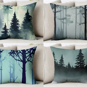 Copertura del cuscino del tiro della foresta dell'acquerello Federa dei boschi Alberi di pino Federa del cuscino dell'albero di sham verde verde acqua Copertine Nature Woodlands Cottagecore Art