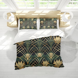 Green Art Deco Comforter, Art Nouveau 1920s Bedspread, Roaring 20&#39;s Bedding, Twin Full Queen King Size, All Seasons Geometric Blanket