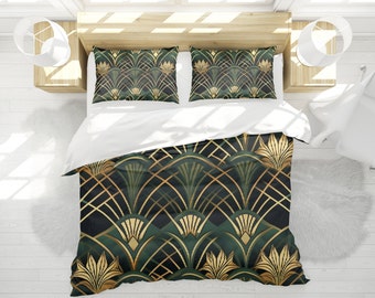 Green Art Deco Comforter, Art Nouveau 1920s Bedspread, Roaring 20&#39;s Bedding, Twin Full Queen King Size, All Seasons Geometric Blanket