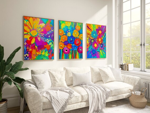 Colorful Floral Wall Art Set of 3 Bright Prints Home Decor Flower