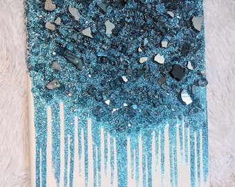 Small Turquoise Glam Painting, Teal Blue Green Glitter Glass Wall Art, Bling Shelf Decor, Abstract Modern Art, Handmade Sparkly Art 12 x 16