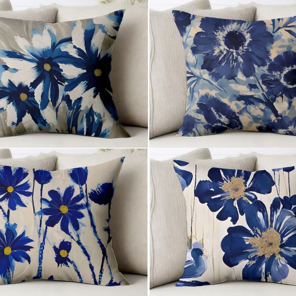 Navy Floral Throw Pillow Cover Trendy Flower Pillowcase Trend Blue Abstract Oil Painting Modern Sham Flowers Cushion Case Covers Artwork Art