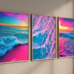 Conjunto para impressão de 3 impressões de arte de parede de oceano colorido pôr do sol fotos tríptico costeiro náutico download digital decoração de casa arte da natureza