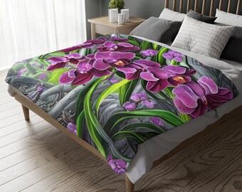 Velveteen Minky Blanket (Two-sided print), Purple Orchids Blanket, Purple Blanket, Orchids Blanket, Orchid Blanket, Flower Blanket