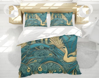 Turquoise Art Deco Comforter, Peacock 1920s Bedspread, Roaring 20's Bedding, Twin Full Queen King Size, All Seasons Geometric Blanket