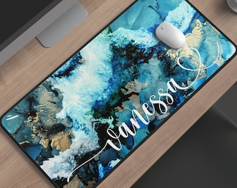 Alcohol Ink Custom Name Desk Mat, Personalized Blue Turquoise Art Watercolor Desk Pad, Aesthetic Desk Accessory, Modern Workspace, Boho Desk