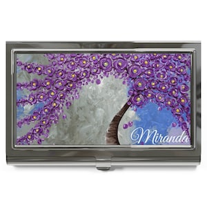 porta-cartões de visita da árvore da arte abstracta | "Encantamento Ametista" original da arte roxa Capa Porta Cartão De Visita | Nome personalizado personalizado