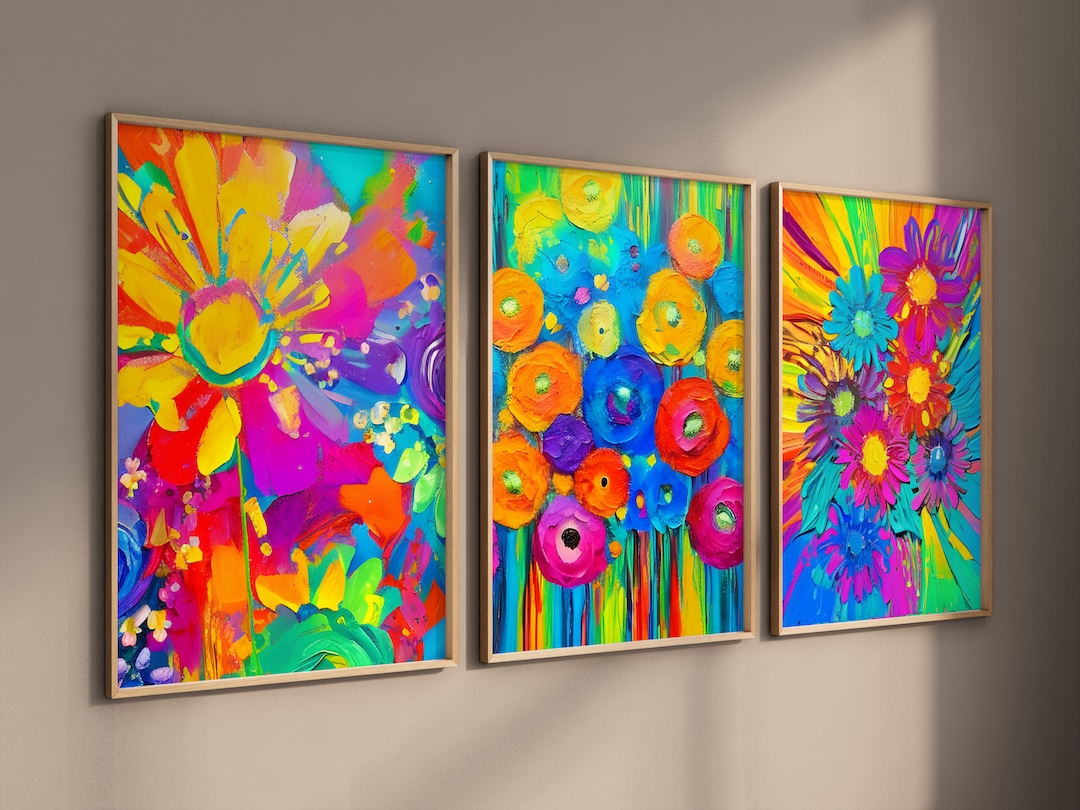 Colorful Floral Wall Art Set of 3 Bright Prints Home Decor Flower