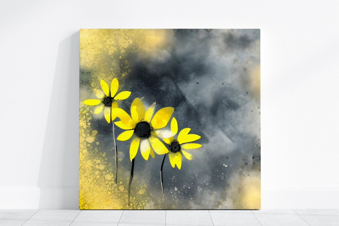 Yellow Gray Floral Wall Art Flower Print Oil Painting Living Room Decor