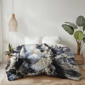 Black Abstract Art Comforter, All Seasons Alcohol Ink Bedding, Twin, Queen or King Size Bedspread, Original Art White Marble Blanket