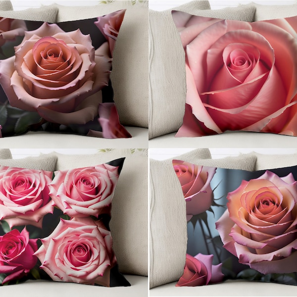 Pink Roses Throw Pillow Cover Trend Flower Pillowcase Sham Floral Cushion Rose Petals Case Covers Nature Botanical Photo Artwork Art
