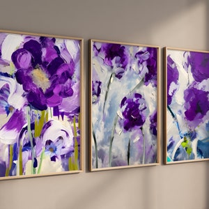 Juego de 3 impresiones de arte de pared Floral púrpura para decoración del hogar, flores, sala de estar, dormitorio, guardería, cabaña moderna, pintura abstracta elegante